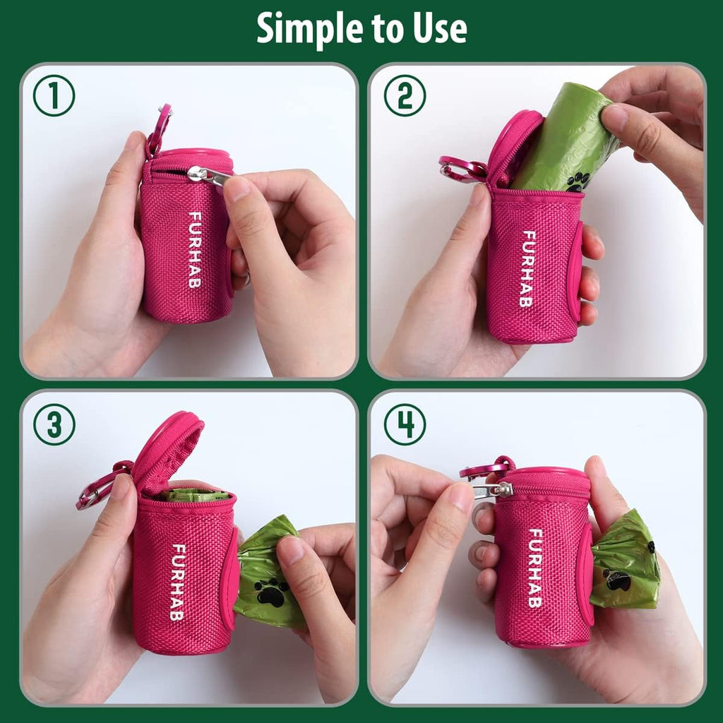 Dog Poop Bag Holder for Leash Doggie Waste Bag Dispenser Soft Fabric Puppy Potty Carrier Small Doggy Zipper Pouch with Carabiner Clip 1680D Nylon Oxford with 1 Roll of Pet Trash Bags, Rose Red