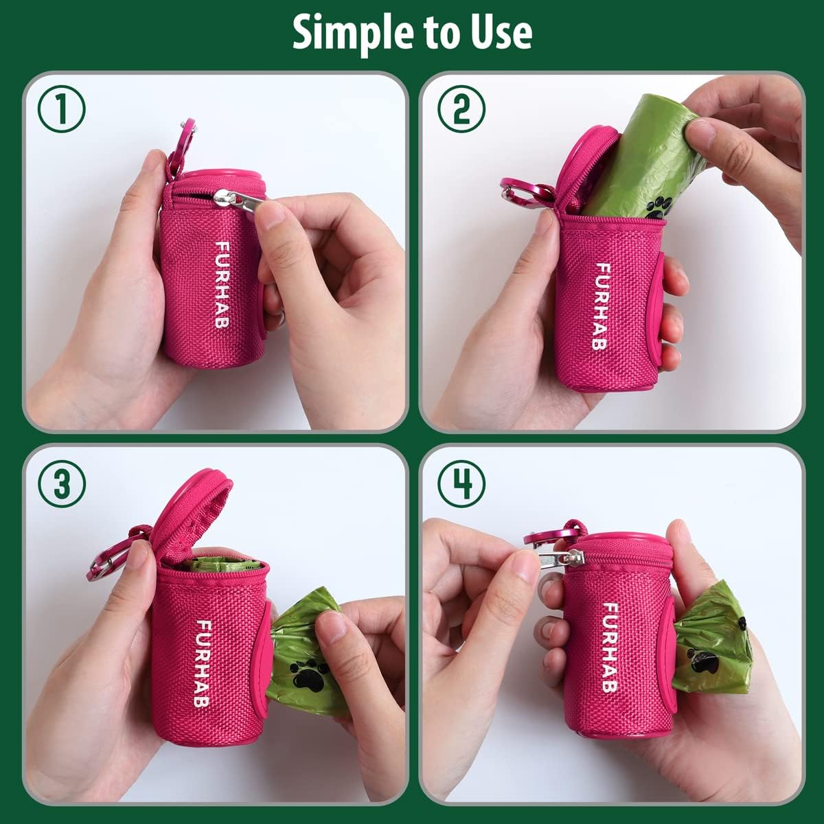 Dog Poop Bag Holder for Leash Doggie Waste Bag Dispenser Soft Fabric Puppy Potty Carrier Small Doggy Zipper Pouch with Carabiner Clip 1680D Nylon Oxford with 1 Roll of Pet Trash Bags, Rose Red