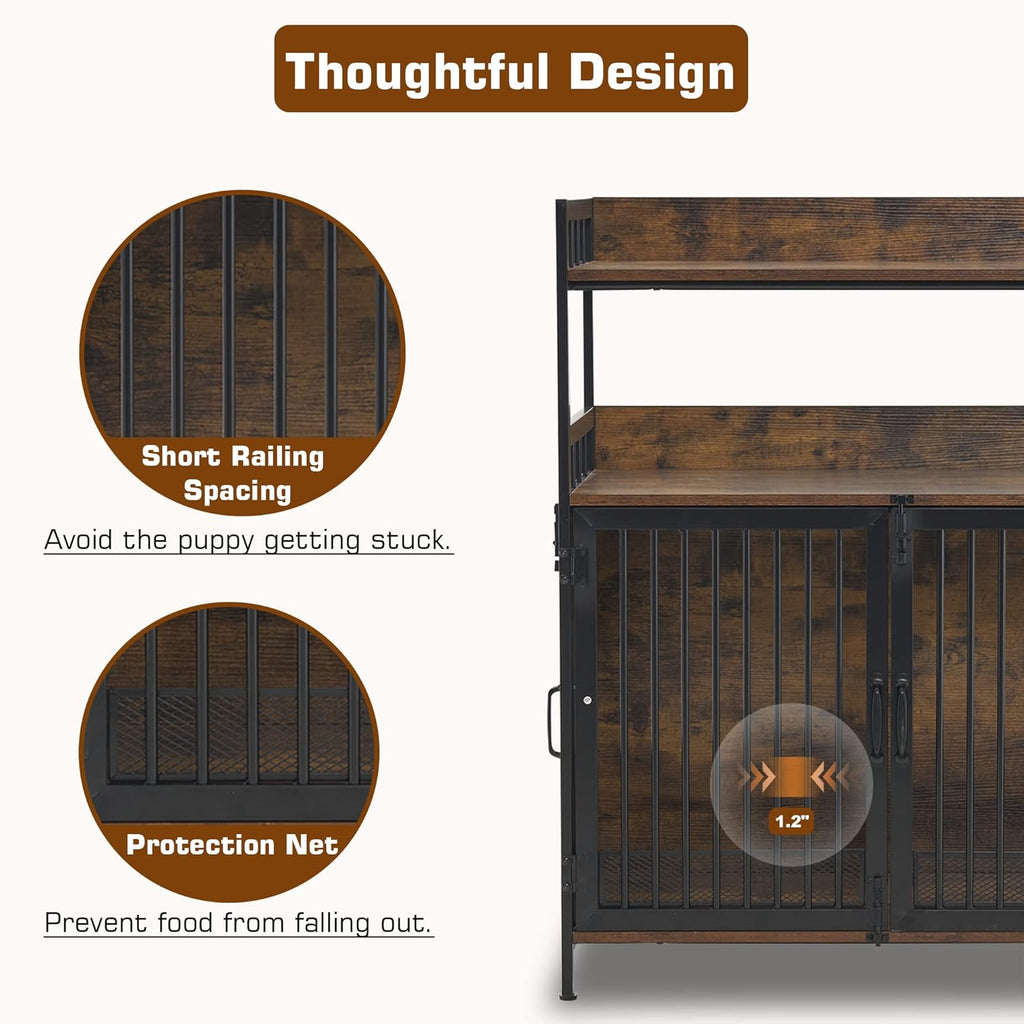 MCombo Furniture Style Dog Crate with Storage Shelves, Heavy Duty Wooden Dog Cage End Table, Triple Doors Pet House Indoor, 1368 (Brown)