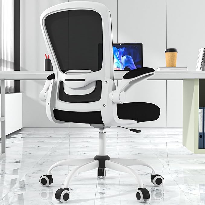 Mimoglad Ergonomic Office Chair - BIFMA Certified, Flip-up Armrests & 135° Recline, Adjustable Lumbar Support - Space-Saving Task Chair for Business/Team Office & Home (White Frame-Black, 300lbs)