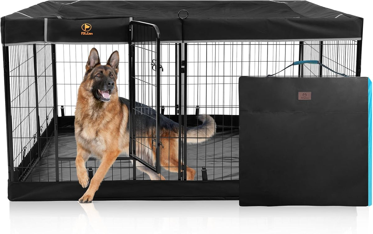 PJYuCien Dog Playpen Plus Storage Bag, 32" H 8 Panels Puppy Pen with Square Bottom & Top Cover, Heavy Duty Dog Fence for Camping