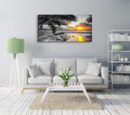 Yxbhhym-Beach Wall Art Black and White Ocean Pictures for Walls Sunrise Seascape Scenery Canvas Print Sunset Painting Palm Poster Sea Wave Artwork for Living Room Wall Art Bedroom Office Wall Décor