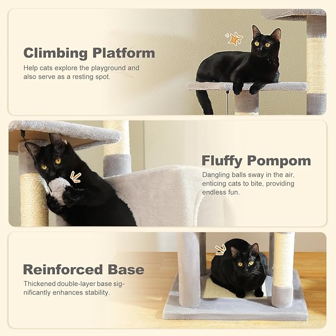62" Cat Tree for Indoor Cats, Multi-Level Cat Tower with 2 Spacious Condos, Dual Top Perches, Scratching Pad, 4 Scratching Posts, 2 Pompoms, Grey
