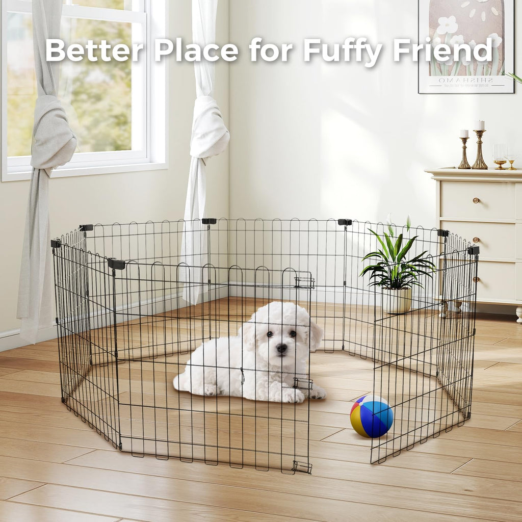 Foldable Dog Playpen 24" Height 8 Panels Metal Exercise Pen No Door - Indoor/Outdoor Puppy Playpen for Small Dogs, Portable Pet Fence for Yard Garden Camping, Black