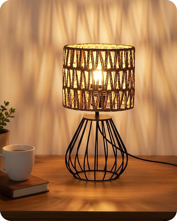 Small Bedside Lamp, Boho Table Lamp with Handwoven Paper Lampshade & Black Metal Base, Rattan Desk Lamp, Modern Nightstand Lamp for Bedroom, Living Room, 2700K LED Bulb Included, HW06TL05