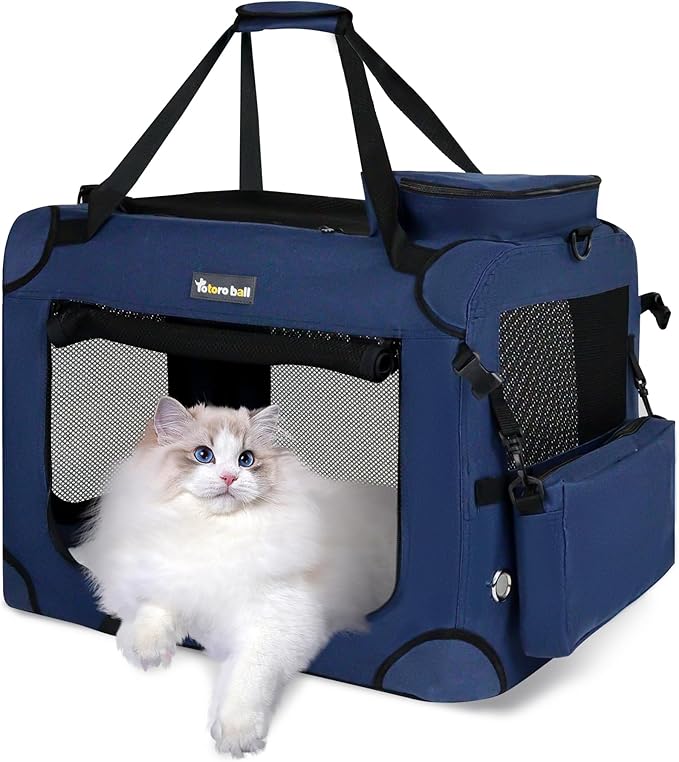Large Cat Carrier for Cats Collapsible Soft Pet XL Crate for Large/Medium Cats 15lbs+ Car Travel Portable Bag with Water Bottle Slot Ideal for Long Trips (Blue, 20.0"L x 14.0"W x 14.0"H)