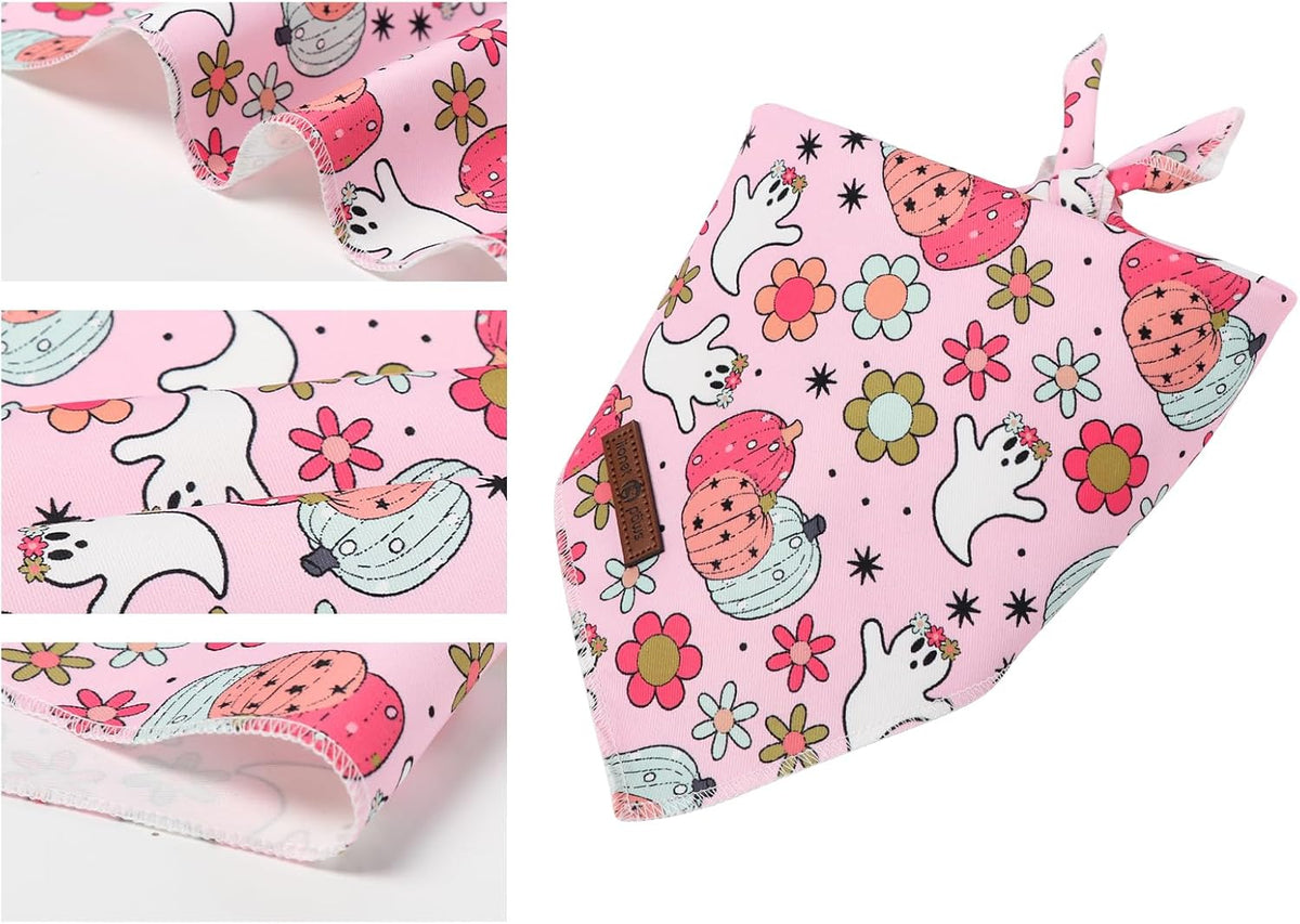 Lionet Paws Halloween Dog Bandana Washable Cotton Handkerchief Scarf Triangle Flower Ghost Pink Bandanas for Medium Large Dogs Girl