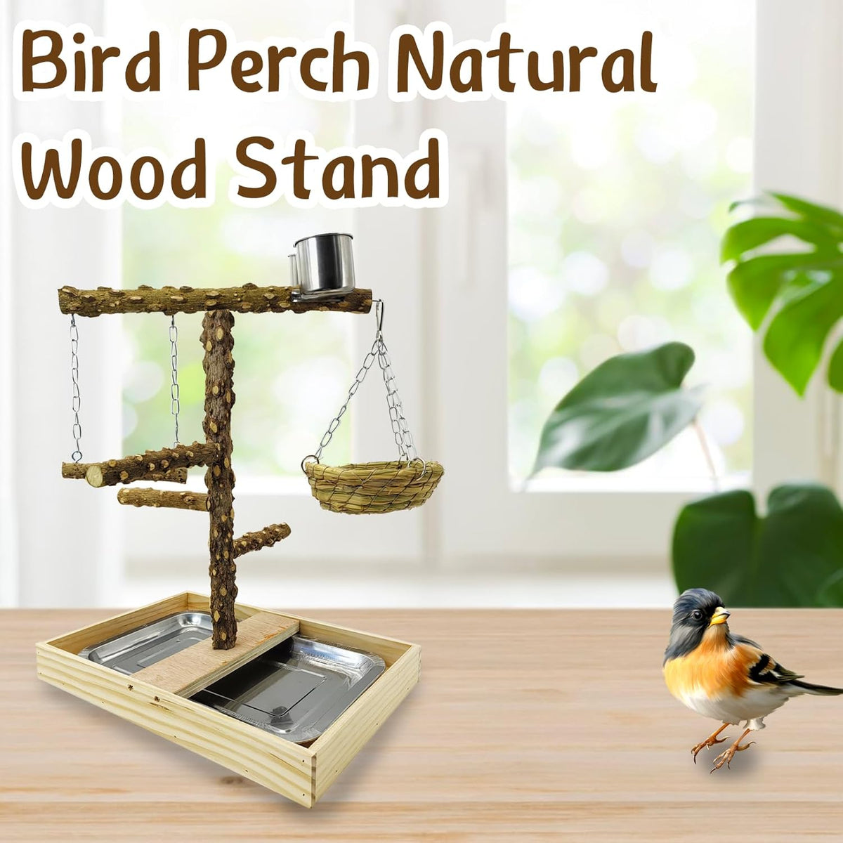Tfwadmx Bird Perch Natural Wood Stand Toy Parrot Play Stand Platform and Hanging Bird Nests Bird Cage with Removable Tray and 2 Stainless Steel Cups for Parakeets Canaries Cockatiels Conure Lovebirds