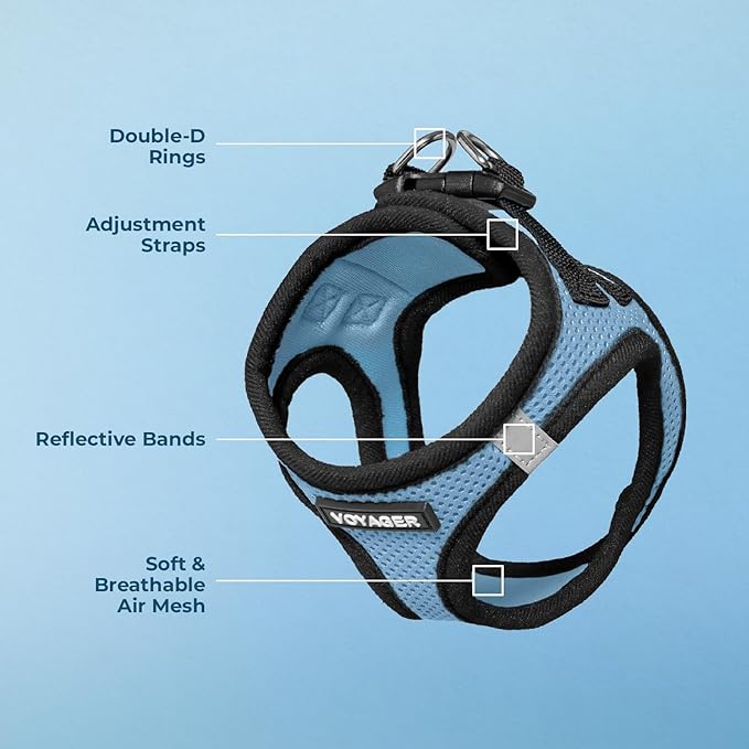 Best Pet Supplies Voyager Step-in Air Harness - All Weather Mesh, Reflective, No Pull Harness for Dogs, Cats - Secure with Hook & Loop Fastener, Buckle, Double D-Rings - Baby Blue/Black Trim, S