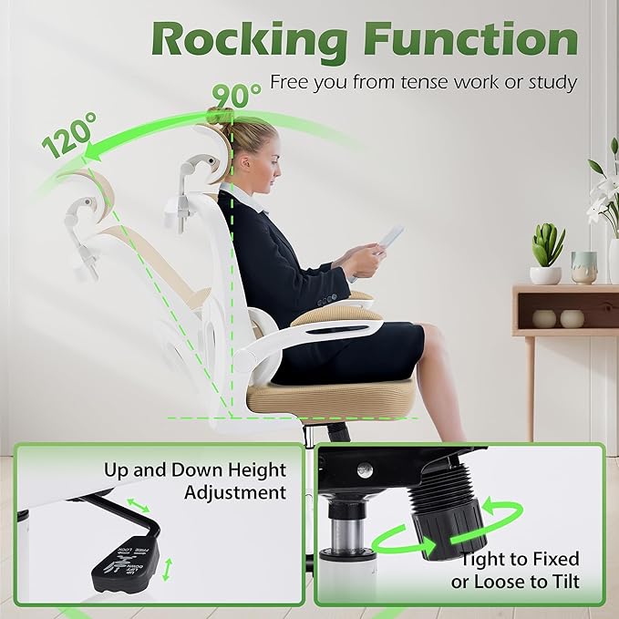 Office Chair Ergonomic Desk Chairs with Adjustable Lumbar Support& Headrest Hanger, High Back Breathable Mesh Chair with Wheels, Rolling Swivel Comfy Task Computer Chair for Home Work Gaming