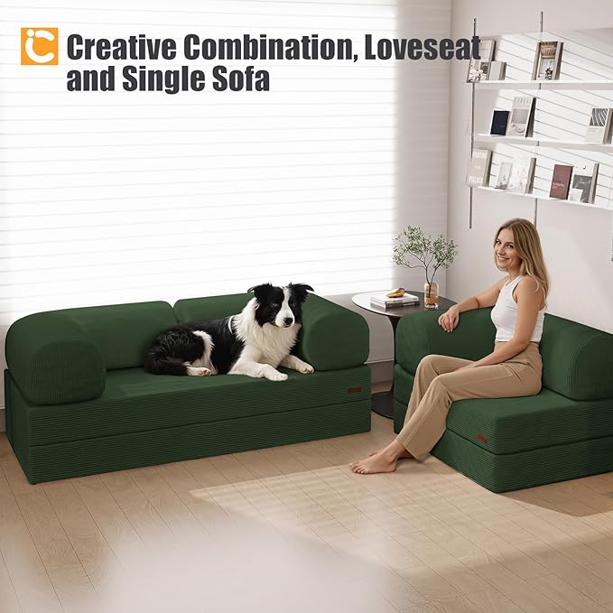 COMAX Folding Sofa Bed, Fold Out Chair Bed, Foldable Sofa, Convertible Sleeper for Adults, Futon Chair Single Small Floor Couch for Spaces, Bedroom Living Room Guest Room, Green