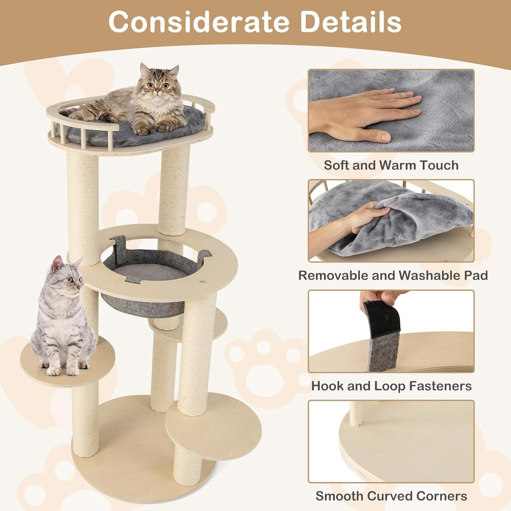 Tangkula Wood Cat Tree, 59 Inch Multi-Level Cat Tower with Top Padded Perch, Hammock, 3 Platforms & Sisal Scratching Posts, Large Modern Cat Tree Tower for Indoor Cats Kittens (59 Inch)