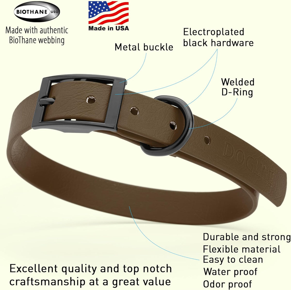 Dogline Biothane Waterproof Dog Collar Strong Coated Nylon Webbing with Black Hardware Odor- Proof for Easy Care Easy to Clean High Performance Fits Small Medium or Large Dogs, Dark Chocolate Brown