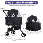 3-in-1 Folding Pet Stroller for Medium Small Dogs & Cats - 3 Wheels, Lightweight Travel Stroller with Detachable Carrier, Black