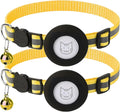 2 Pack Airtag Cat Collar with Bell, Reflective Nylon Kitten Collar with Apple Air Tag Holder and Breakaway Safety Buckle for Puppy Girl Boy Cats, 3/8" in Width and Lightweight, Yellow