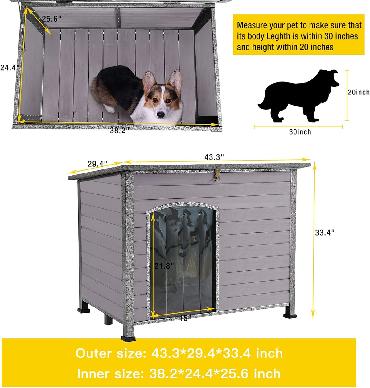 Aivituvin Large Dog House Outdoor Indoor Weatherproof Dog House for Small & Medium & Large Dogs with Unique All-Around Iron Frame＆Raised Feet（Grey）