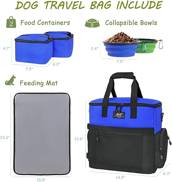 WOLT Dog Travel Bag Dog Bag for Traveling and Supplies with 2 Collapsible Bowls, 2 Food Containers, 1 Place Mat, Blue