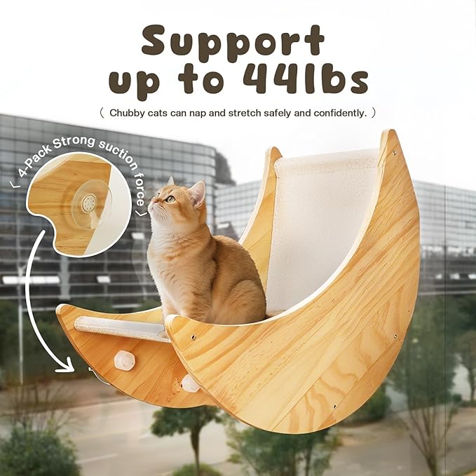 Wooden Cat Window Perch, Large Cat Window Bed with 4 Upgraded Suction Cups, Solid Wood Cats Window Hammock with Moon-Shaped Design, Pet Windows Seat for Indoor Cats