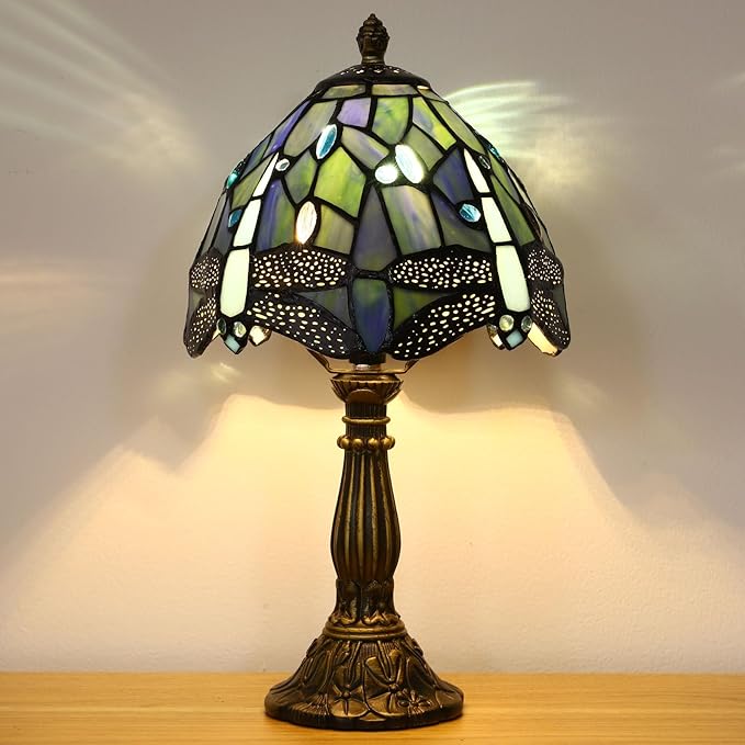 Tiffany Small Table Lamp,Blue Dragonfly Stained Glass 3 Color Temperature Antique Table Lamps,Bedside Nightstand Lamp for Bedroom,Living Room,Home Office+LED Bulb,8X8X15Inch