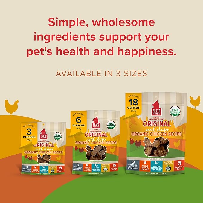 PLATO Original Real Strips Organic Chicken 3oz, Natural (850002221527)