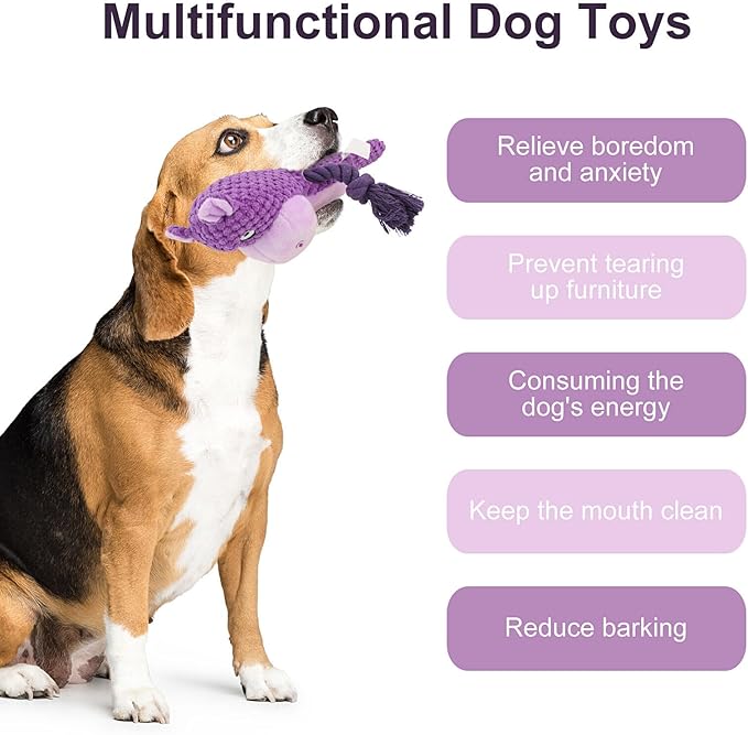Dog Toys, Dog Squeaker Toys with Crinkle Paper, Stuffed Animal Dog Plush Chewing Toy, Cotton Rope Interactive Toys for Puppy, Small, Middle Dogs (Purple Hippo)