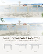 Expandable Outdoor Patio Dining Table Set for 6-8 Person, Aluminum Outdoor Table and 8 Chairs with Textilene Fabric & HDPS Armrest, All-Weather Patio Furniture Set for Yard, Garden, White