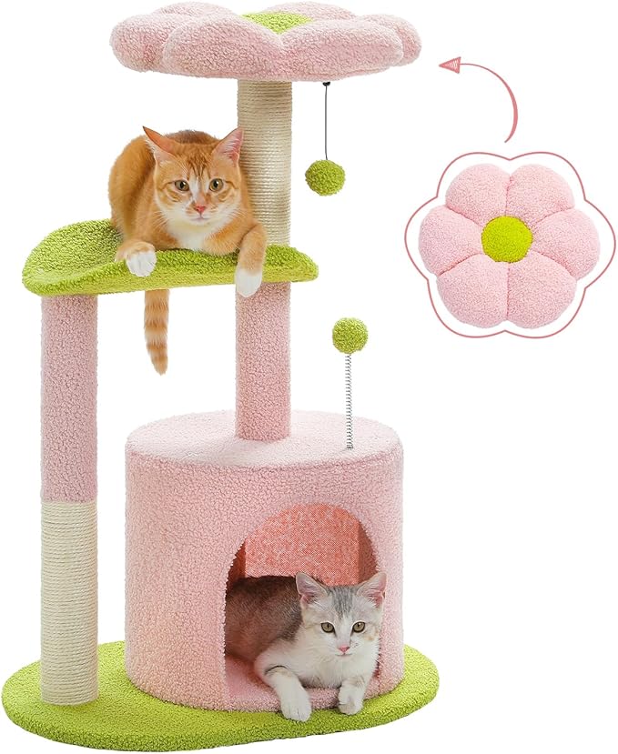 PAWZ Road Flower Cat Tree Pink 32” Small Cat Tower Cat Scratching Post with Curved Perch, Cozy Cats Condo Removable Flower Bed for Kittens and Small Cats-Pink
