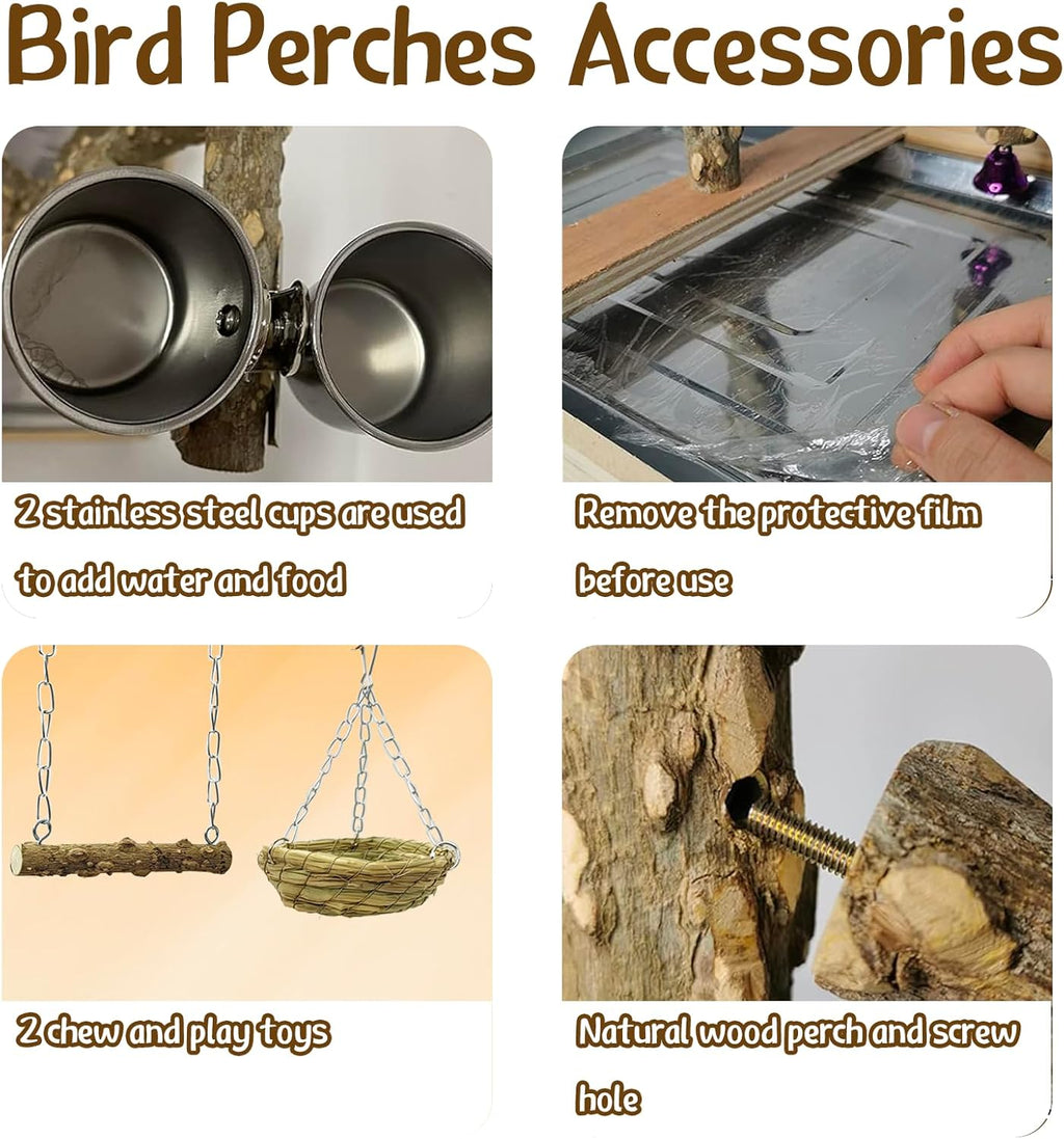 Tfwadmx Bird Perch Natural Wood Stand Toy Parrot Play Stand Platform and Hanging Bird Nests Bird Cage with Removable Tray and 2 Stainless Steel Cups for Parakeets Canaries Cockatiels Conure Lovebirds