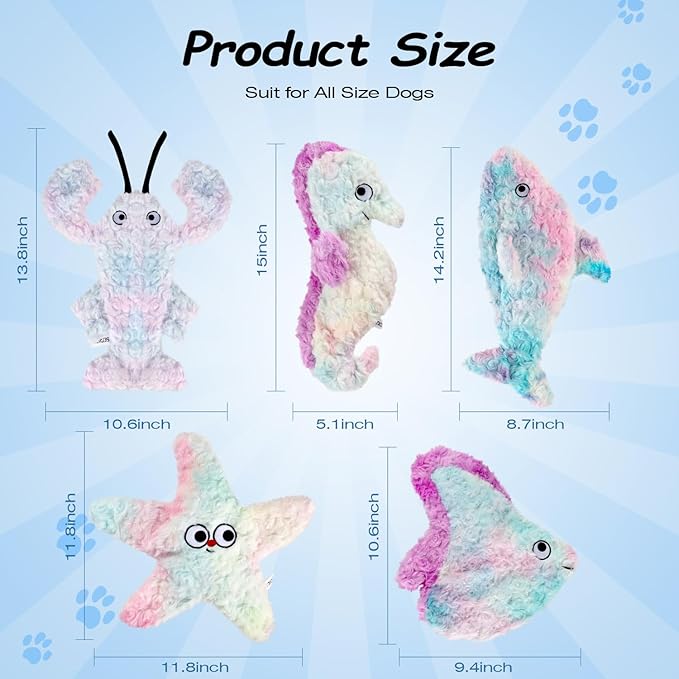 Dog Toys Pack, Durable Unstuffed Animal Dog Chew Toy, Large Soft Plush Dogs Toys Set, Dog Squeaky Toy for Small, Middle, Large Breed(5-Pack, Ocean Animals)