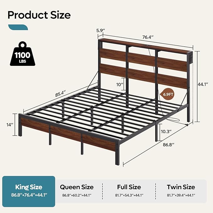Bestier King Bed Frame with Storage Headboard and Charging Station, Walnut Platform Bed Frame with LED Light, Non-Slip Metal Bed Frame, Noise-Free, Easy Assembly,Brown