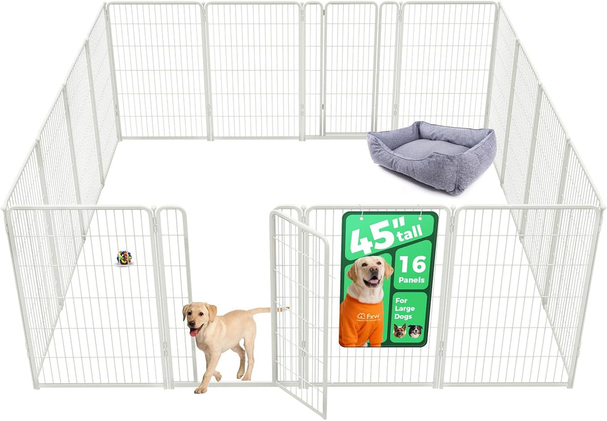 FXW Homeplus Unleashed Indoor Dog Playpen - Stress-Free and Safe Play, Heavy Duty 45 Inch 16 Wire Panels Dog Pen for Large Dogs, White│Patented