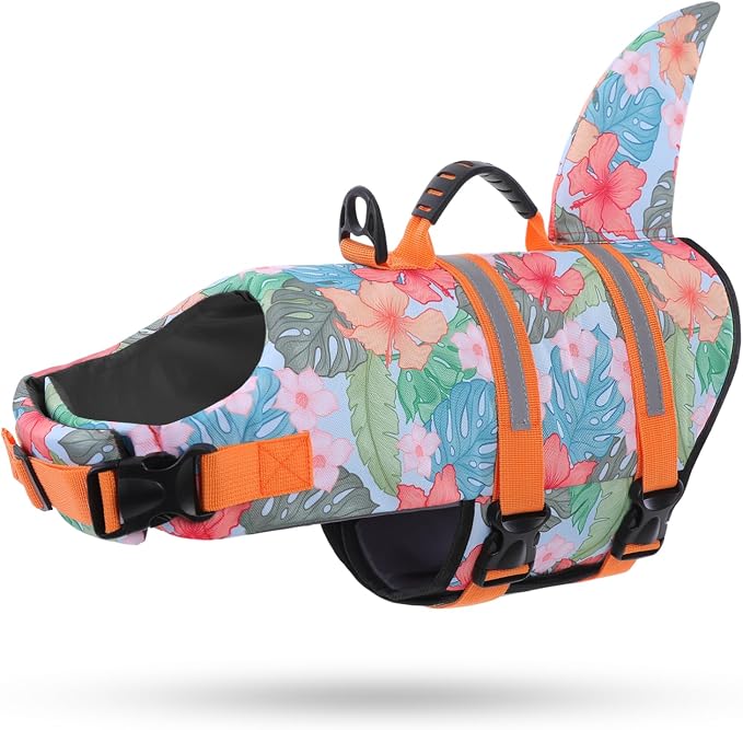 Dog Life Jacket High Flotation, Reflective Dog Life Vest for Swimming, Adjustable Dogs Life Preserver Rescue Handle Spring Summer Pool for Small, Medium, Large Dogs (HawaiiOrange,S)