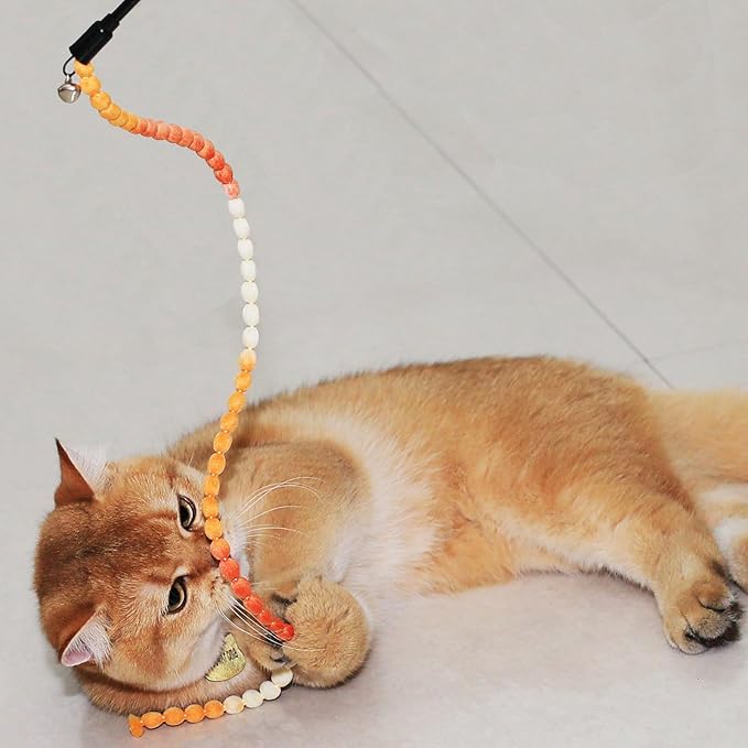 Interactive Cat Toys, 3 Pcs Cat Wand Toys for Indoor Kitten with Colorful Bead Shape Hemp Rope and Small Bell, Kitty Teaser String Toy for Indoor Cats to Chase and Exercise