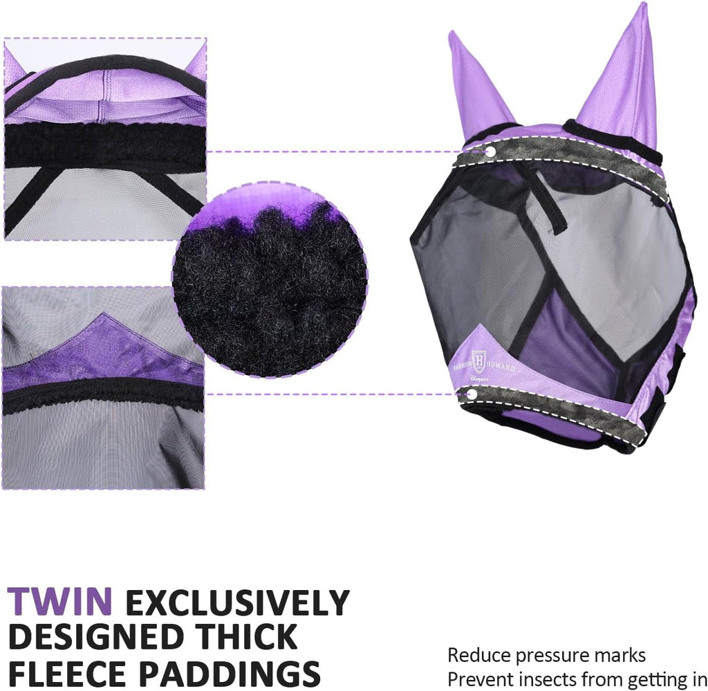 Harrison Howard Pro Luminous Horse Half Face Fly Mask Large Eye Space with Ears UV Protection for Horse Gentle Lavendar S