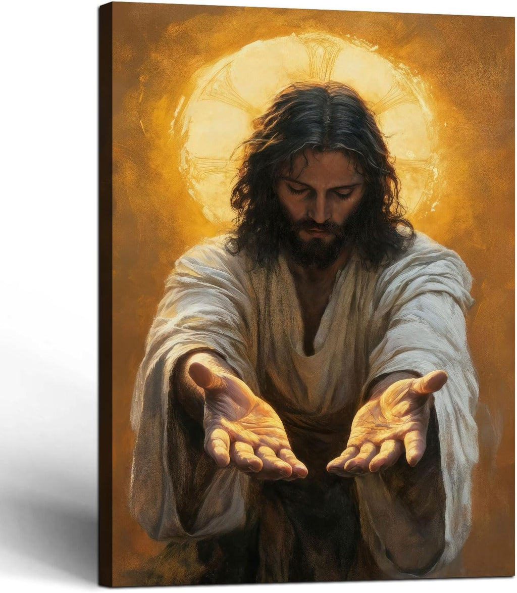 Framed Jesus Canvas Wall Art Painting with Gold Halo Christian Religious Poster Inspirational Christian Gallery Decor Painting Home Church Prayer Room Wall Hanging Print 24x36 Inch Ready to Hang