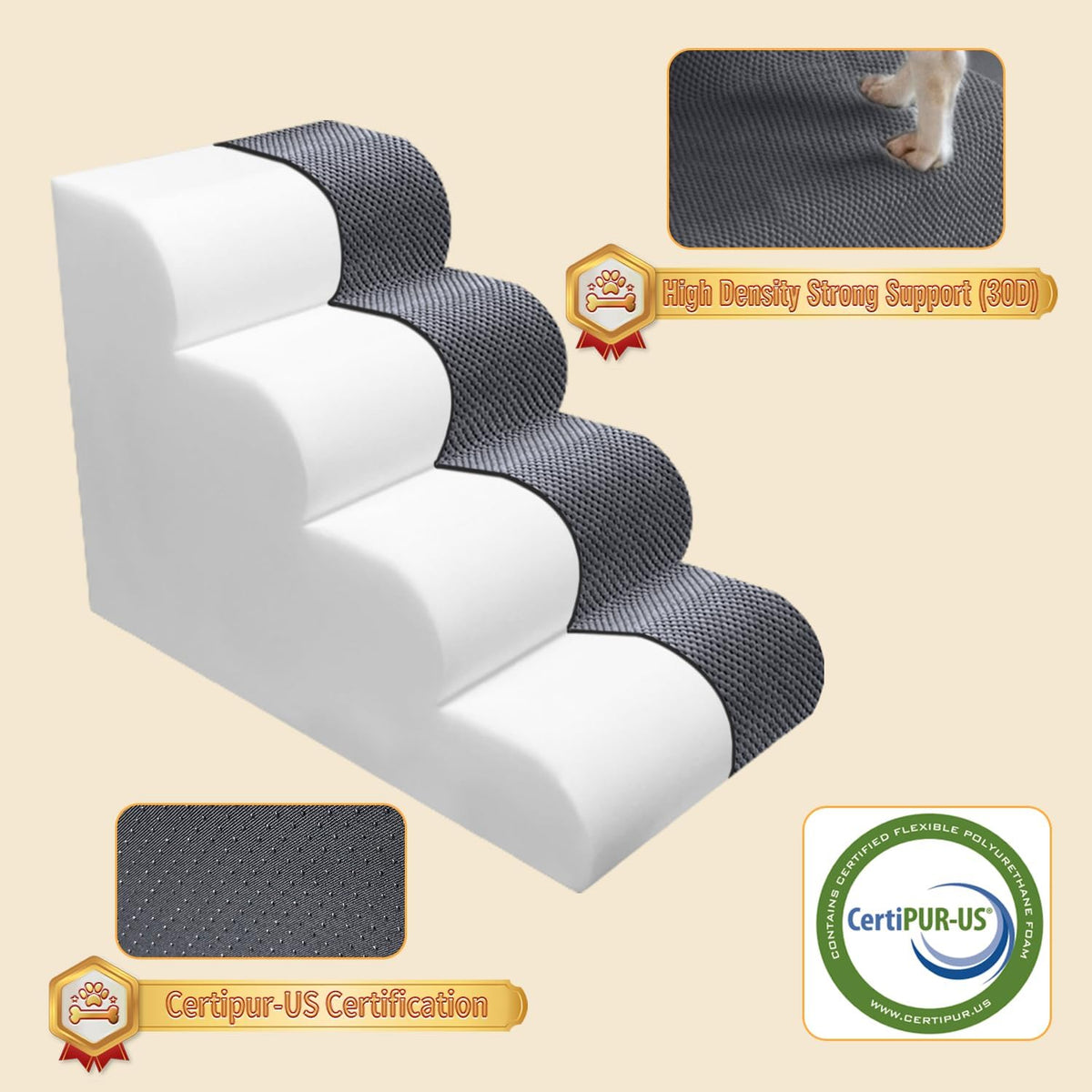 PAWSCART Dog Stairs for Small Dogs and Cats, 4-Step Dog Steps for Bed, 19.6" H Pet Stairs for High Bed, Pet Ramp for Couch, Sofa, Non-Slip Surface Removable Washable Cover, Grey