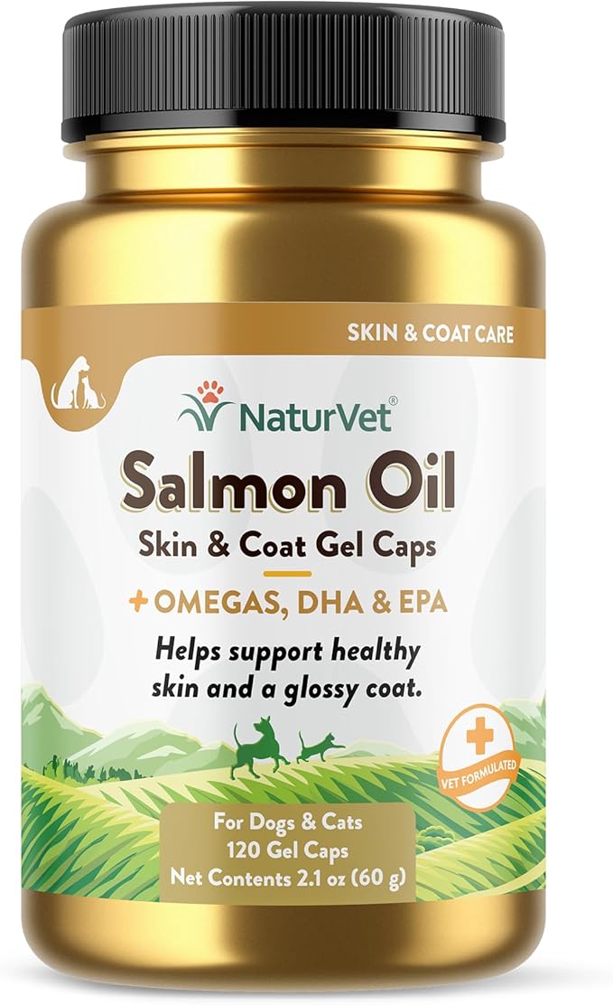 NaturVet Salmon Oil Pet Supplement for Healthy Skin, Glossy Coats – Dog Coat Supplement, Cat Skin Supplement – Includes Omega-3, 6, 9, Source of DHA, EPA – 120 Ct. Gel Caps