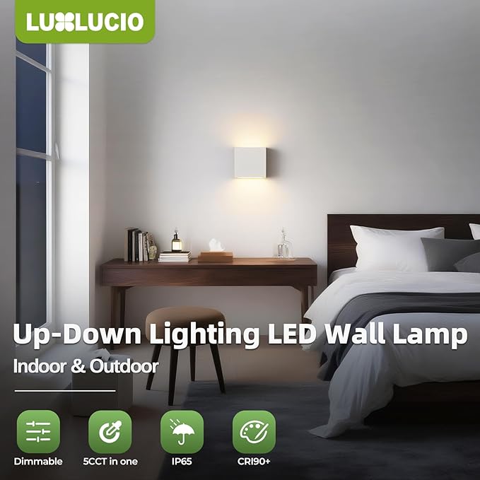 2Pack Indoor Outdoor Up and Down White LED Wall Light, Modern Porch/Bedroom Wall Lamp, IP65 Waterproof, 5%-100% Dimmable, 18W 5CCT (2700K-5000K), CRI90+, 120-277V, ETL FCC Certified