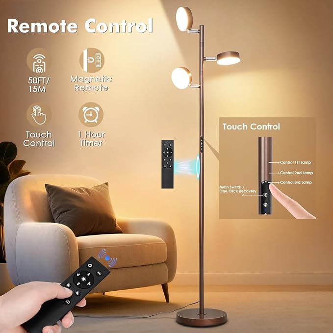 Tree Floor Lamp for Living Room - Modern Brown Standing Lamp, LED Floor Light with Remote & Touch, 3000K-6000K Dimmable for Bedroom Office Reading (3 Head)