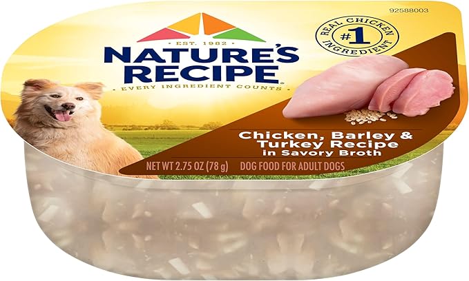 Nature’s Recipe Chicken, Barley & Turkey Recipe in Savory Broth Wet Dog Food, 2.75 oz. Cup, 12 Count