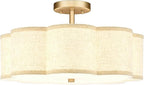 Gold Semi Flush Mount Ceiling Lights, 4-Light 18" Brass Light Fixtures Ceiling Mount with Linen Fabric Drum Shade in Flower Shape for Nursery Bedroom Kitchen Hallway, AD-22009-4SF-GD-B