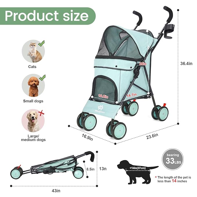 Umbrella Dog Stroller, Foldable Pet Stroller for Small Dogs Cats, 4 Wheels Pet Strolling Cart with Carrying Strap and Cup Holder, Breathable and Visible Mesh, Dog Poop Bags & Dispenser (Tealblue)