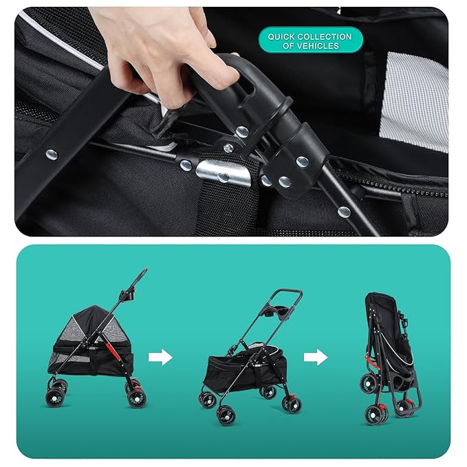 4 Wheels Pet Stroller for Medium Small Dog up to 50lbs, Dog Cat Stroller, Outdoor Travel Pet Folding Strollers, Cat Cage Strollers with Cup Holder, Breathable and Visible Mesh 1 Set