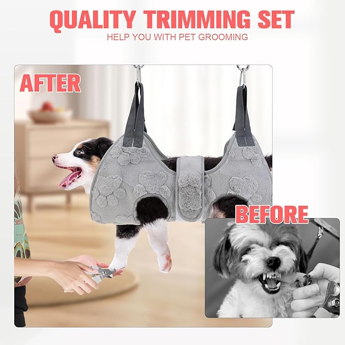 PAWCHIE Dog Grooming Hammock Harness for Dogs & Cats with Pet Nail Clipper Trimmer,Cat Hanger Sling for Trimming Clipping Nails,Warm Plush Dog Hammock Restraint Bag for Small Medium Large Dogs,Grey XS