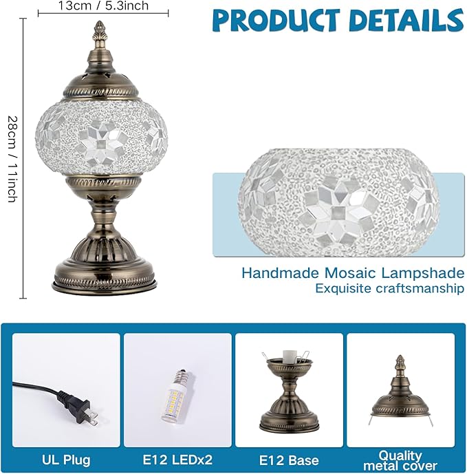 Turkish Moroccan Table Lamp Lantern with Handmade Mosaic Glass Lampshade Tiffany Style Bohemian Stained Glass Decorative Desk Lamps Bedside Night Lights for Bedroom (White Fancy)