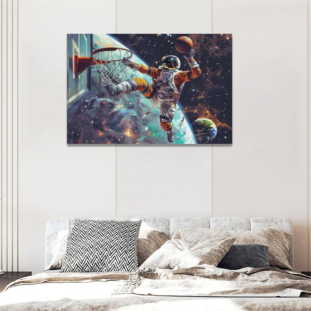 Quorin Astronaut Wall Art Funny Spaceman Basketball Pictures Space Galaxy Planet Wall Decor Canvas Print Painting Artwork for Bathroom Living Room Bedroom 16"x24"