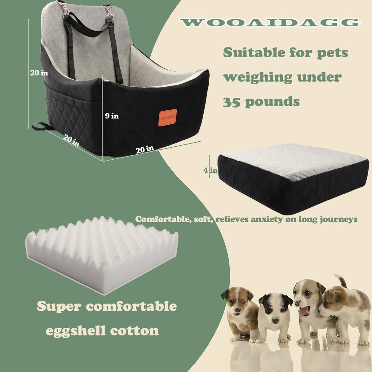 Dog Car Seat for Medium Sized Dog,Pet Travel Car Bed with Seat Belt Channle,Fully Detachable and Washable Car Dog Seat with Adjustable Straps,3 Straps Easy to Install (Black/Grey)
