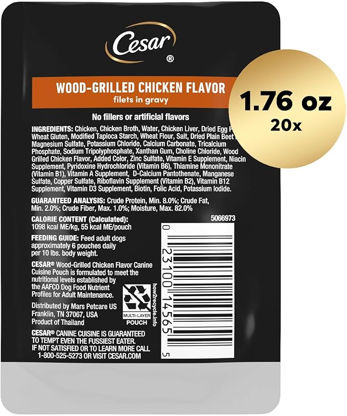 Cesar Filets in Gravy Wet Dog Food Wood-Grilled Chicken Flavor, 1.76 oz. Mini-Pouch (20 Count, Pack of 1)