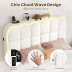 Full Size Bed Frame with 4 Storage Drawers and LED, Adjustable Clouds Headborad, Velvet Upholstered Platform Full Bed Frame with Charing Station, Wood Slats Support, No Box Spring Needed,White