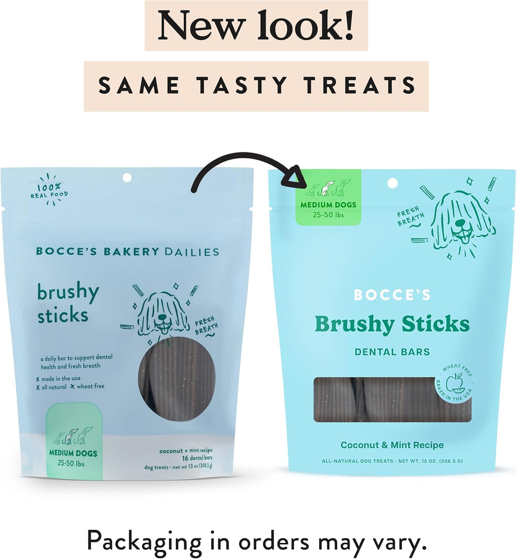 Bocce's Bakery Dailies Brushy Sticks to Support Oral Health & Fresh Breath, Wheat-Free Dental Bars for Dogs, Made with Real Ingredients, Baked in The USA, All-Natural Coconut & Mint, Medium Dogs